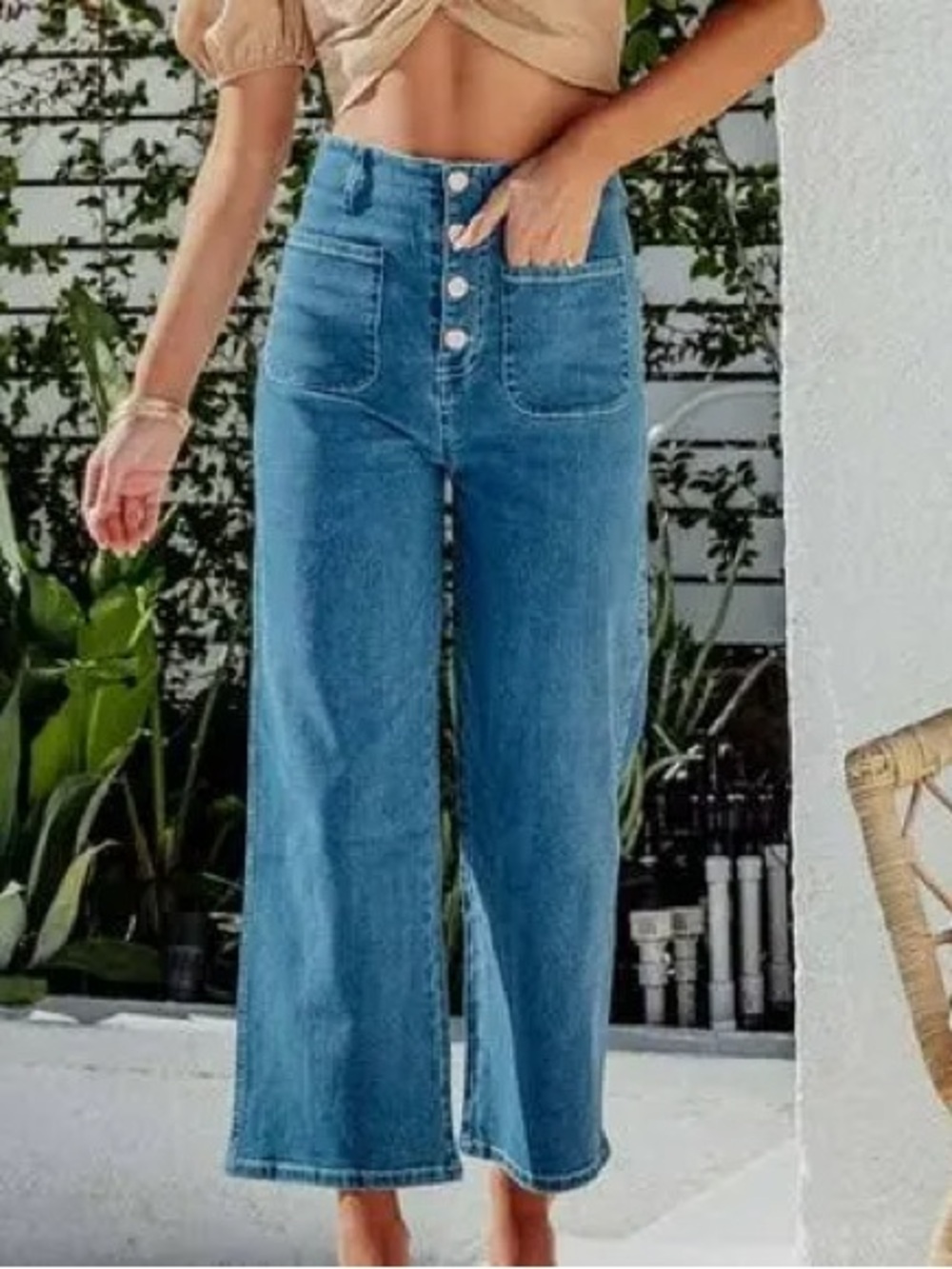 SHEIN High-Waist Wide Leg Blue Jeans with Front Patch Pockets